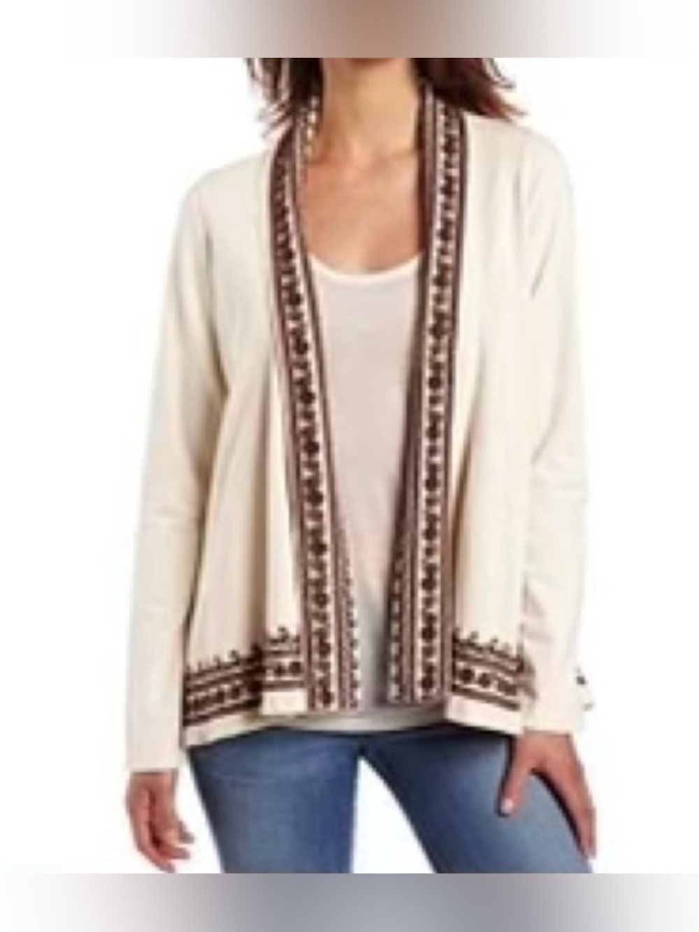 Lucky Brand Cream Open-Front Brown Embroidered Cotton Cardigan - Size L